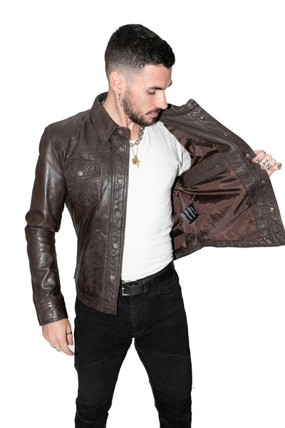 Mens Retro Leather Shirt Jeans Jacket-Beijing