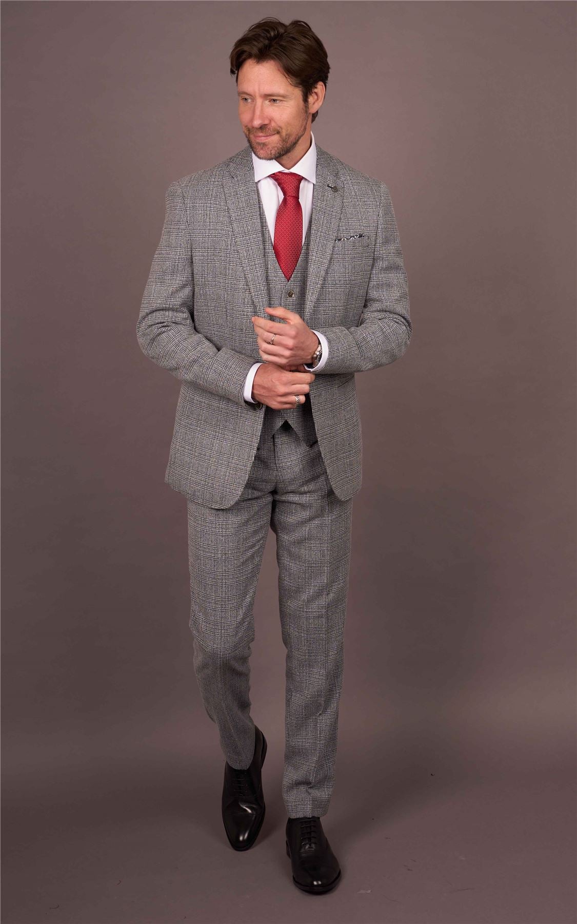 Men's 3-Piece Grey Classic Check Suit Slim Fit Plaid Formal Party Suit