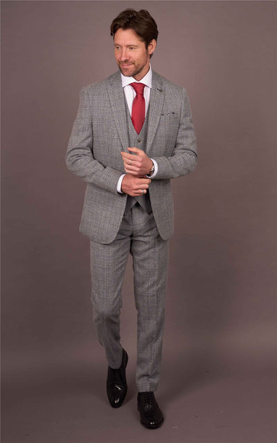 Men's 3-Piece Grey Classic Check Suit Slim Fit Plaid Formal Party Suit