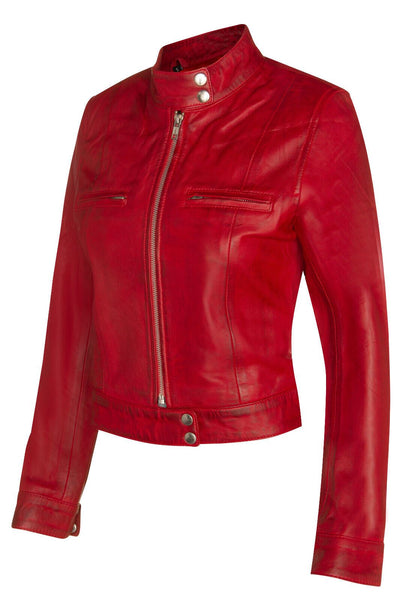 Womens Plain Leather Moto Biker Jacket-Braga