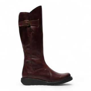 Fly London Womens Wine Burgundy MOL 2 Leather Wedge Heel Knee High Zip Up Boots