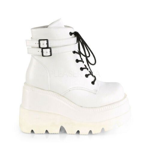 Demonia Shaker 52 White Stacked Wedge Ankle Boots