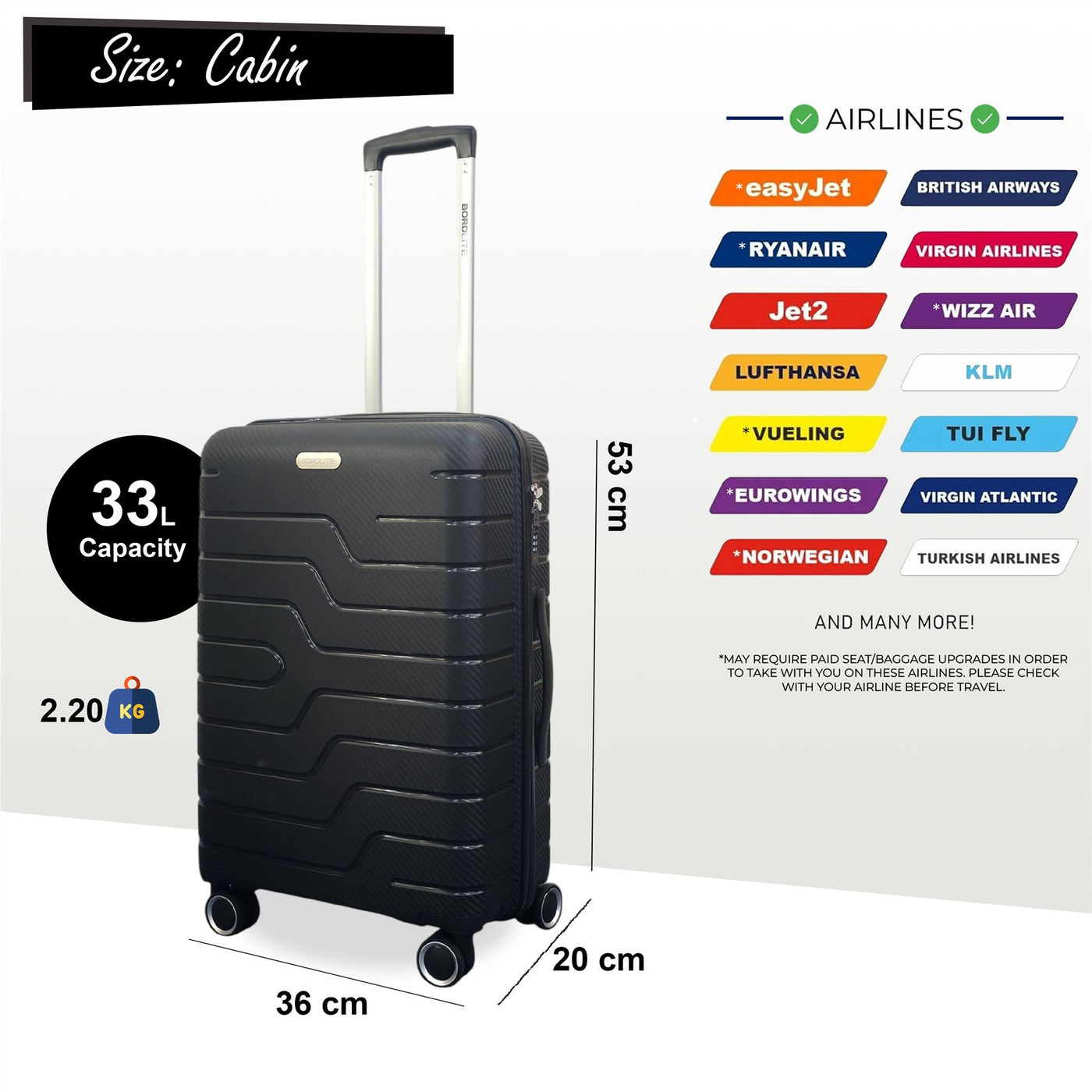 Hard Shell PP Cabin Suitcase 53 x 36 x 20 cm Luggage Suitable for Easyjet, Ryanair