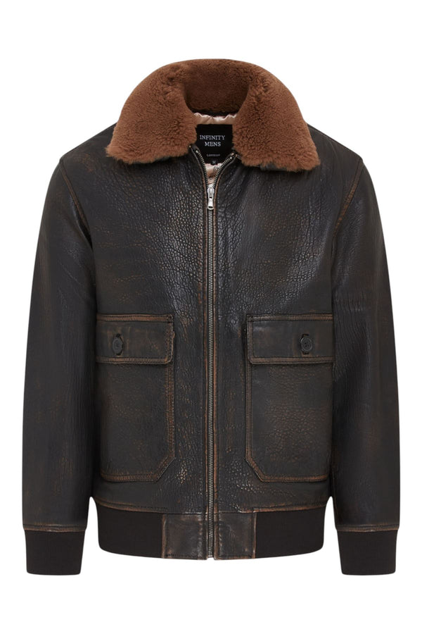 Men's Brown Leather Bomber Sheepskin Collar G-1 Pilot Jacket - Trick