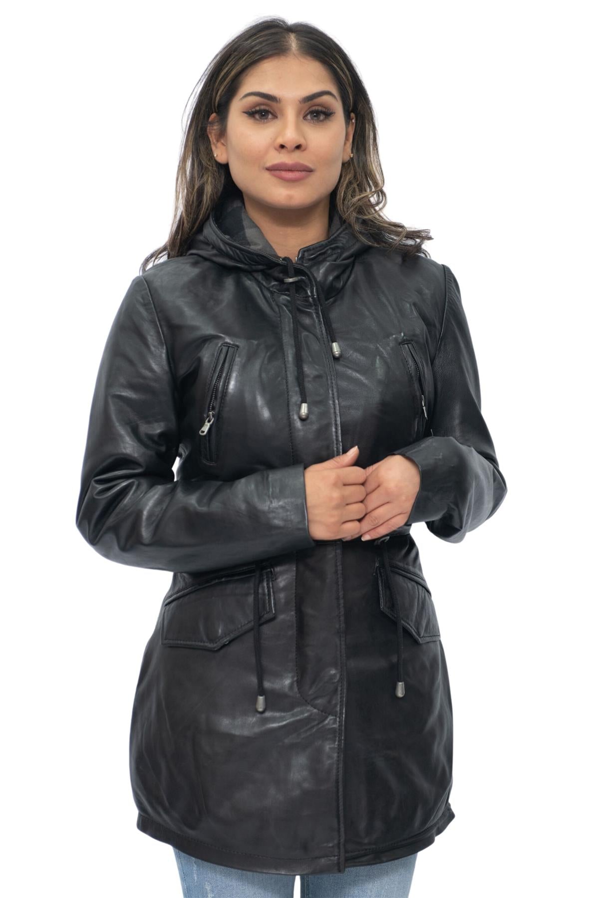 Womens Leather Hooded Parka Jacket-Bucharest