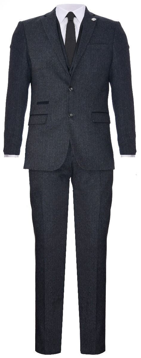 Men's 3 Piece Charcoal Grey Herringbone Tweed Suit