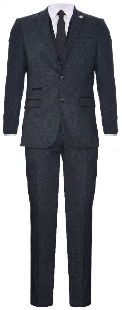 Men's 3 Piece Charcoal Grey Herringbone Tweed Suit