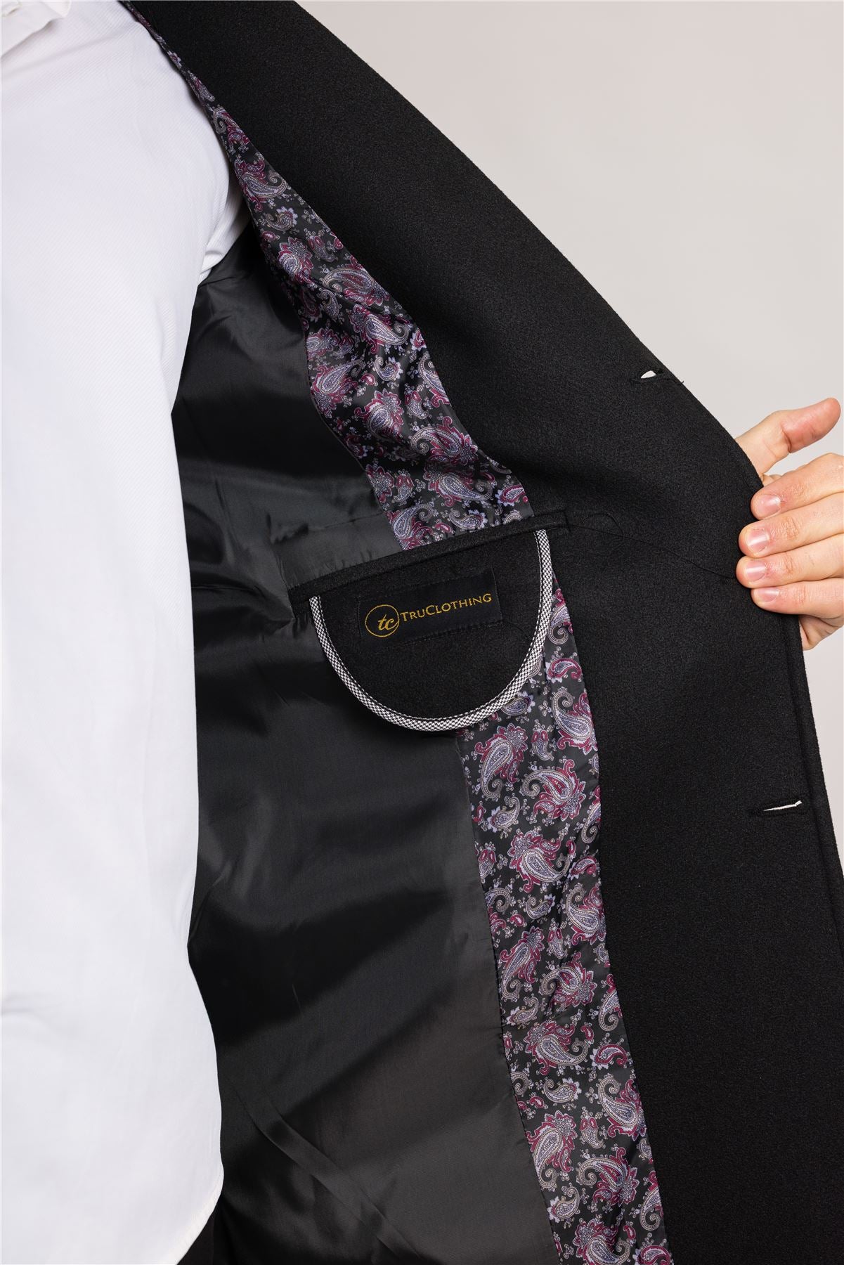 Men's Notched Lapel Collar Wool Blend Black Overcoat