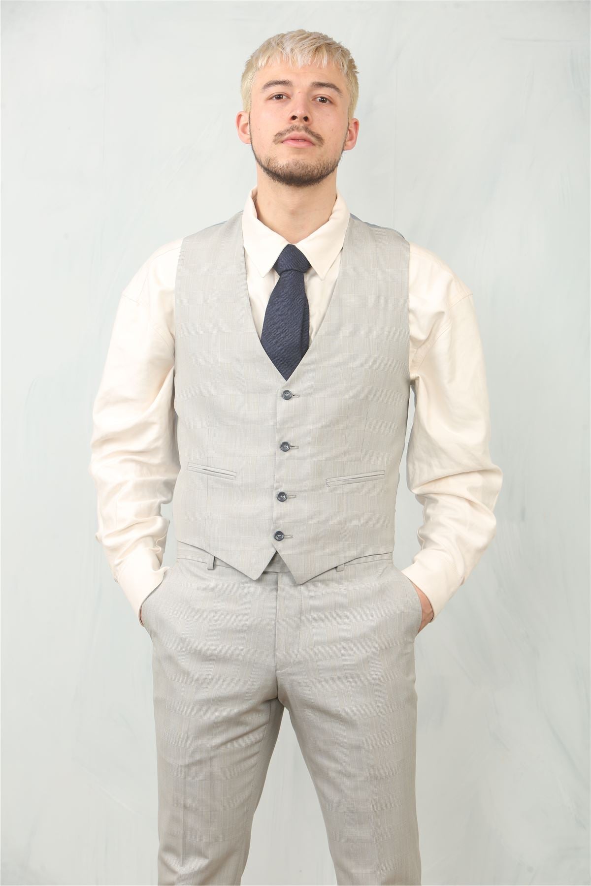 Men's 3 Piece Prince Of Wales Grey Suit Workwear