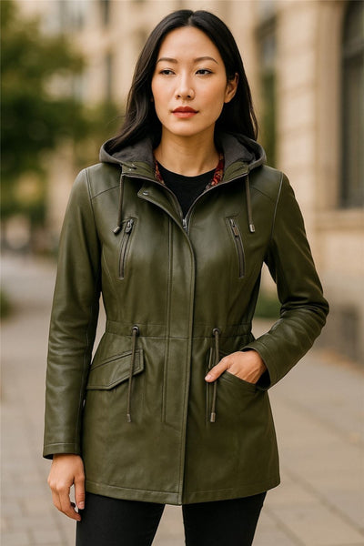 Giacca parka con cappuccio in pelle da donna - Bucarest