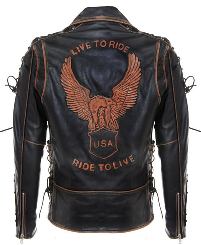 Mens Embossed Brando Leather Biker Jacket-Chicago