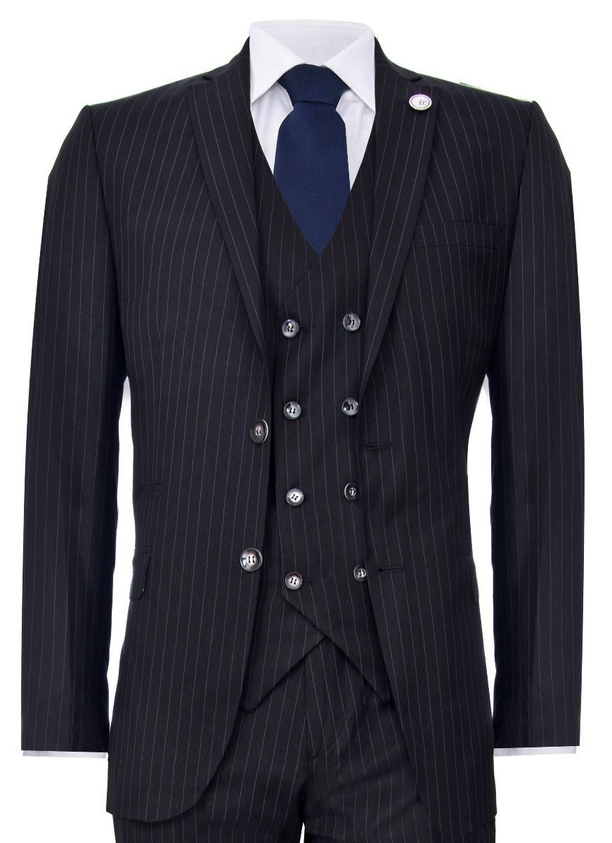 Men's 3 Piece Black Pinstripe Retro Suit