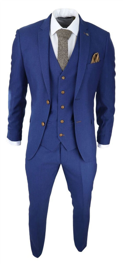 Mens 3 Piece Royal Blue Birdseye Classic Suit