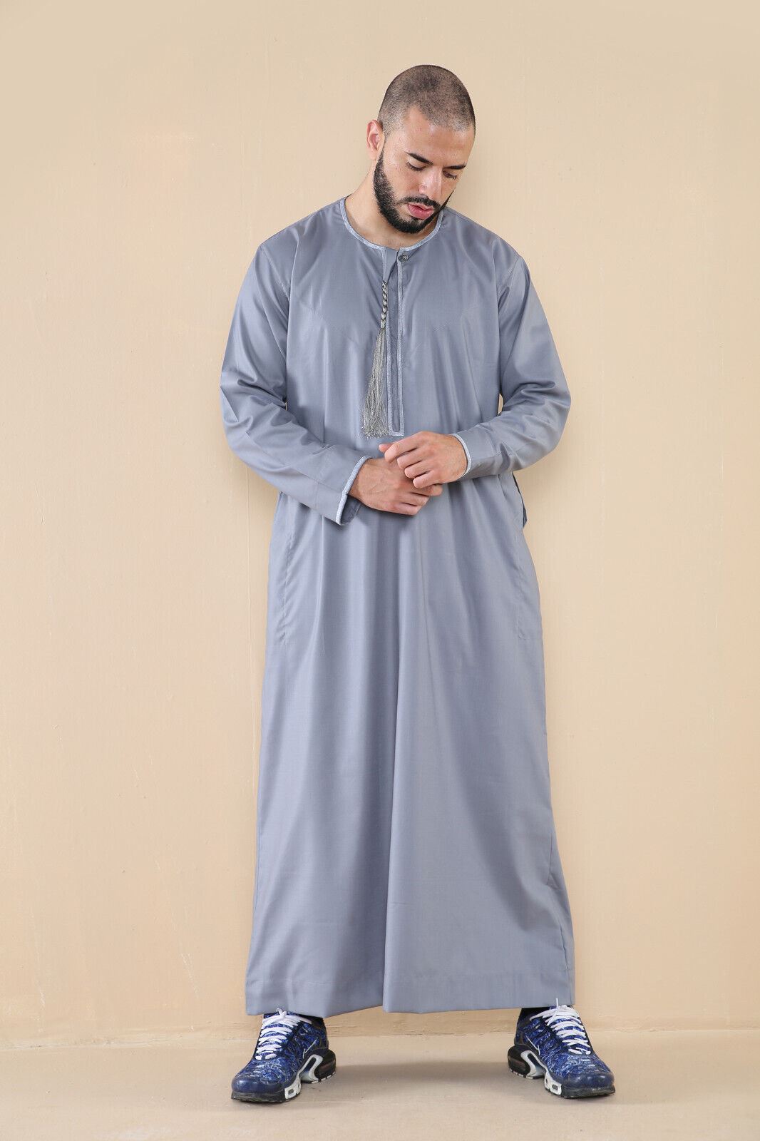 Mens Thobe Jubba Saudi Islamic Arab Eid Emirati Kaftan Jubbah Tassel Robe