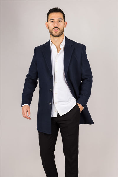 Men's Notched Lapel Collar Wool Blend Navy Overcoat