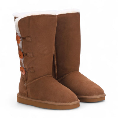 Women's Sheepskin Suede Tan Button Warm Winter Calf Boots - Willow