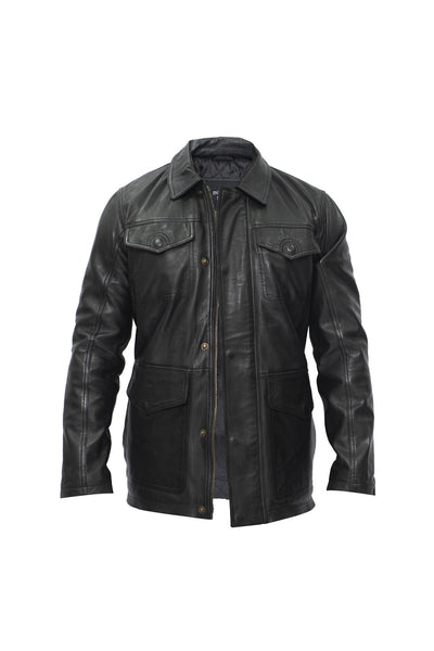 Mens Black Leather Safari Jacket-Porto