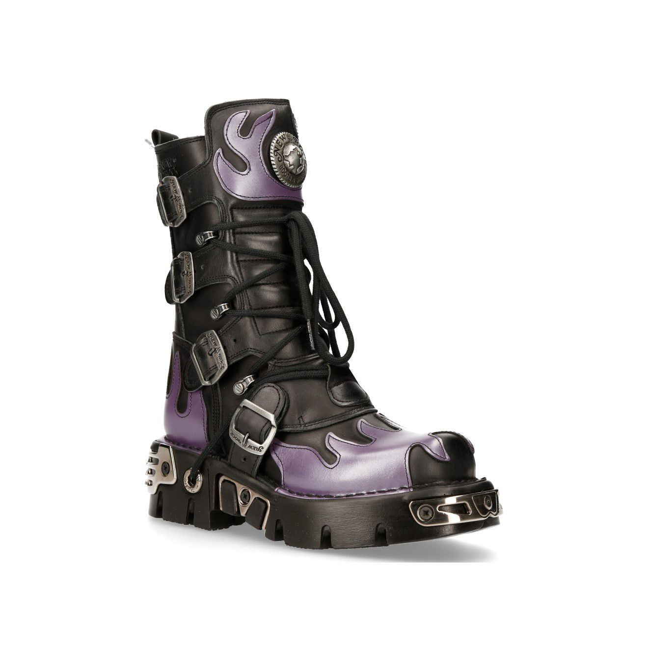 New Rock Flame Accented Black/Red Leather Biker Skull Boots- M-591-S5 ...