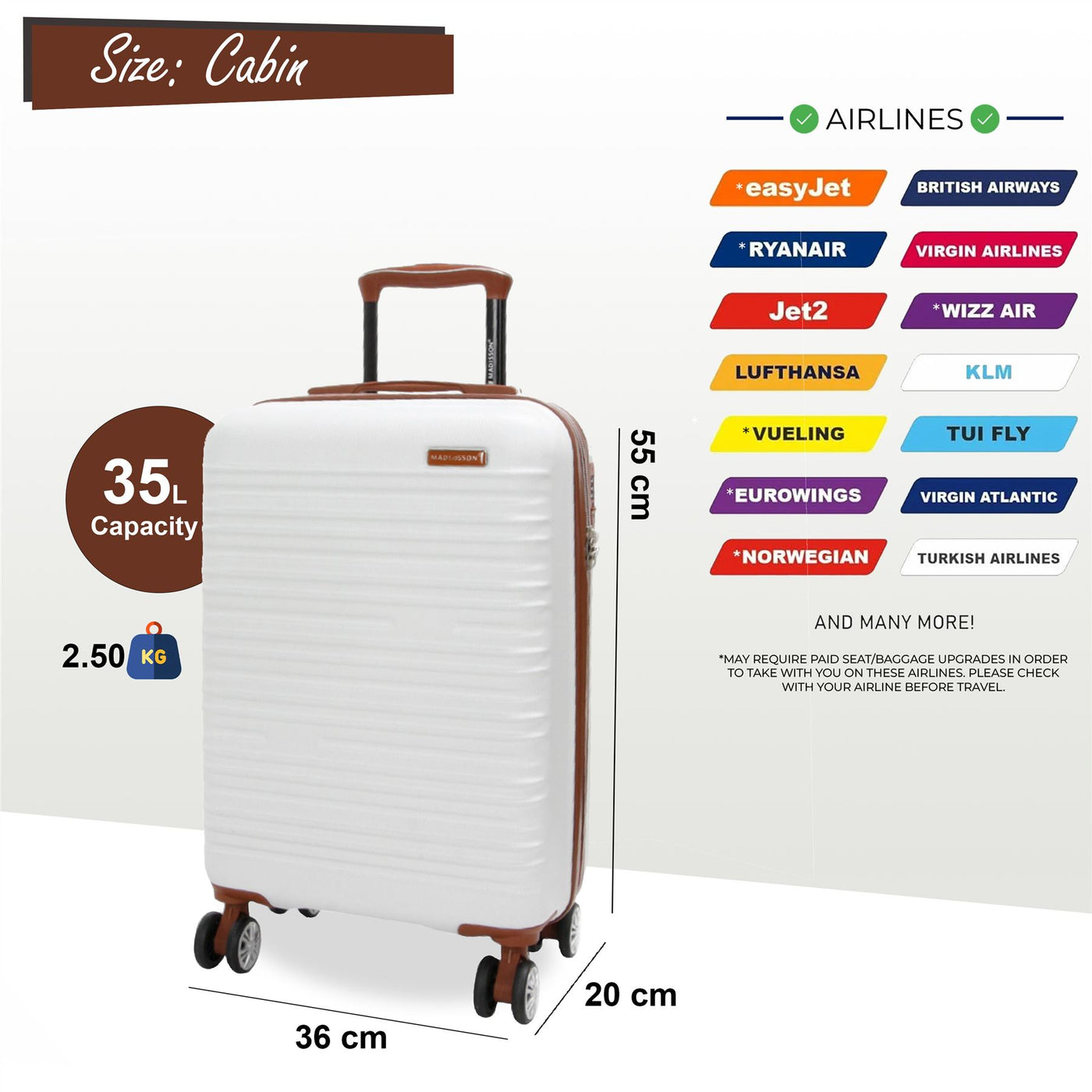 Hard Shell Cabin 55 x 36 x 20 cm ABS Suitcase Luggage Suitable for Easyjet, Ryanair
