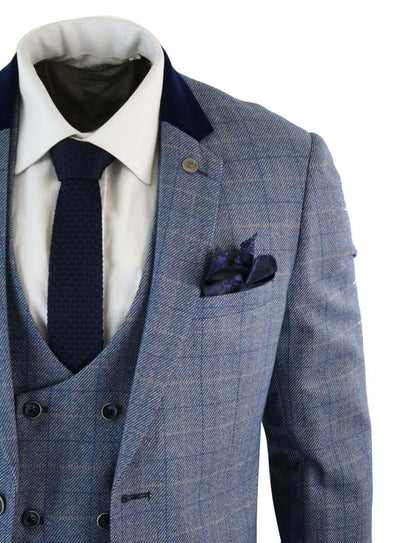 Mens 3 Piece Blue Grey Herringbone Check Suit