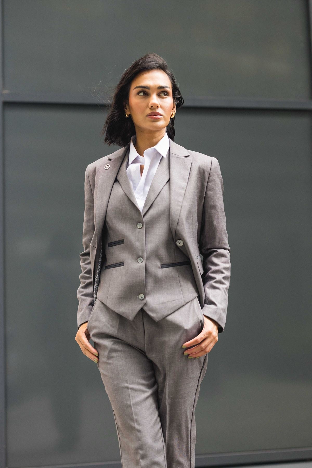 Women's 3 Piece Tailored Fit Plain Grey Formal Office Suit