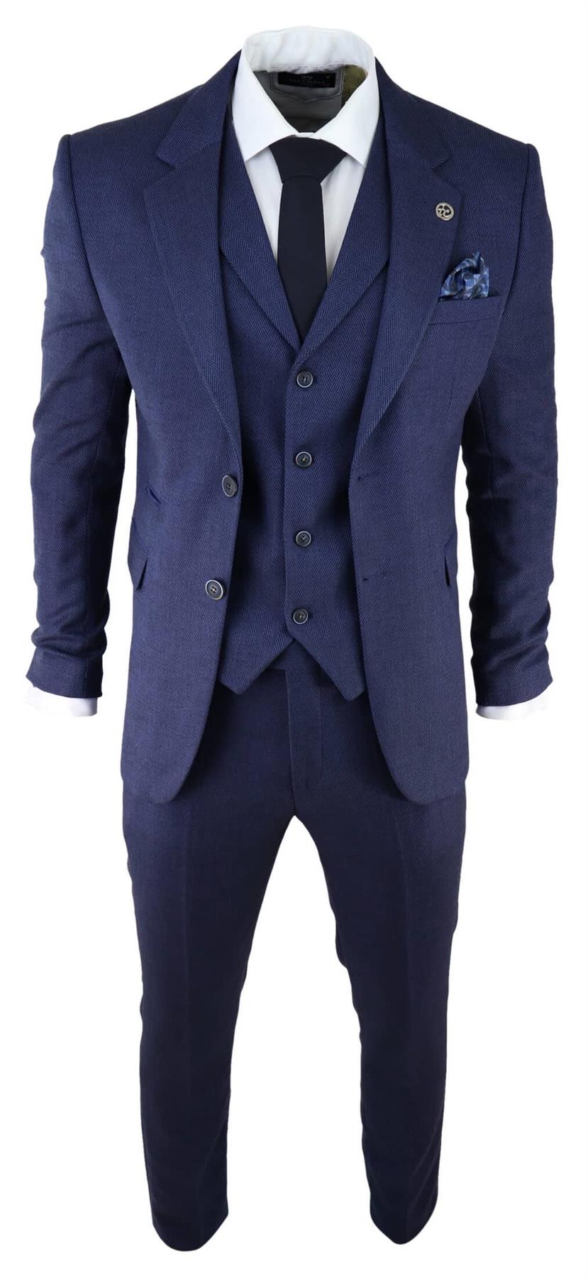 Mens Navy Blue Piece Tweed Herringbone Suit Peaky Blinders