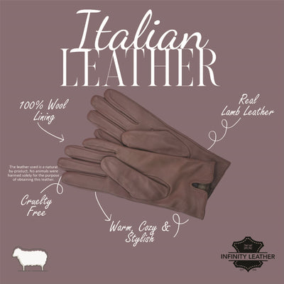 Womens Italian Leather Winter Button Design Soft Wool Lining Gloves - L-GLV-501