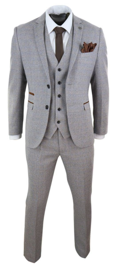 Mens 3 Piece Cream Tweed Check Vintage Retro Suit