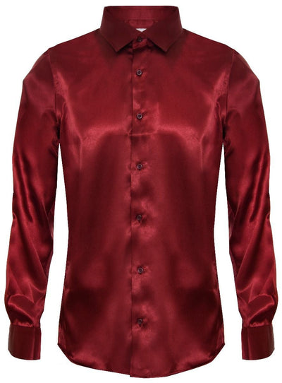 Mens Wine Satin Silk Shirt Smart Casual Button Down Cuff Tailored Fit