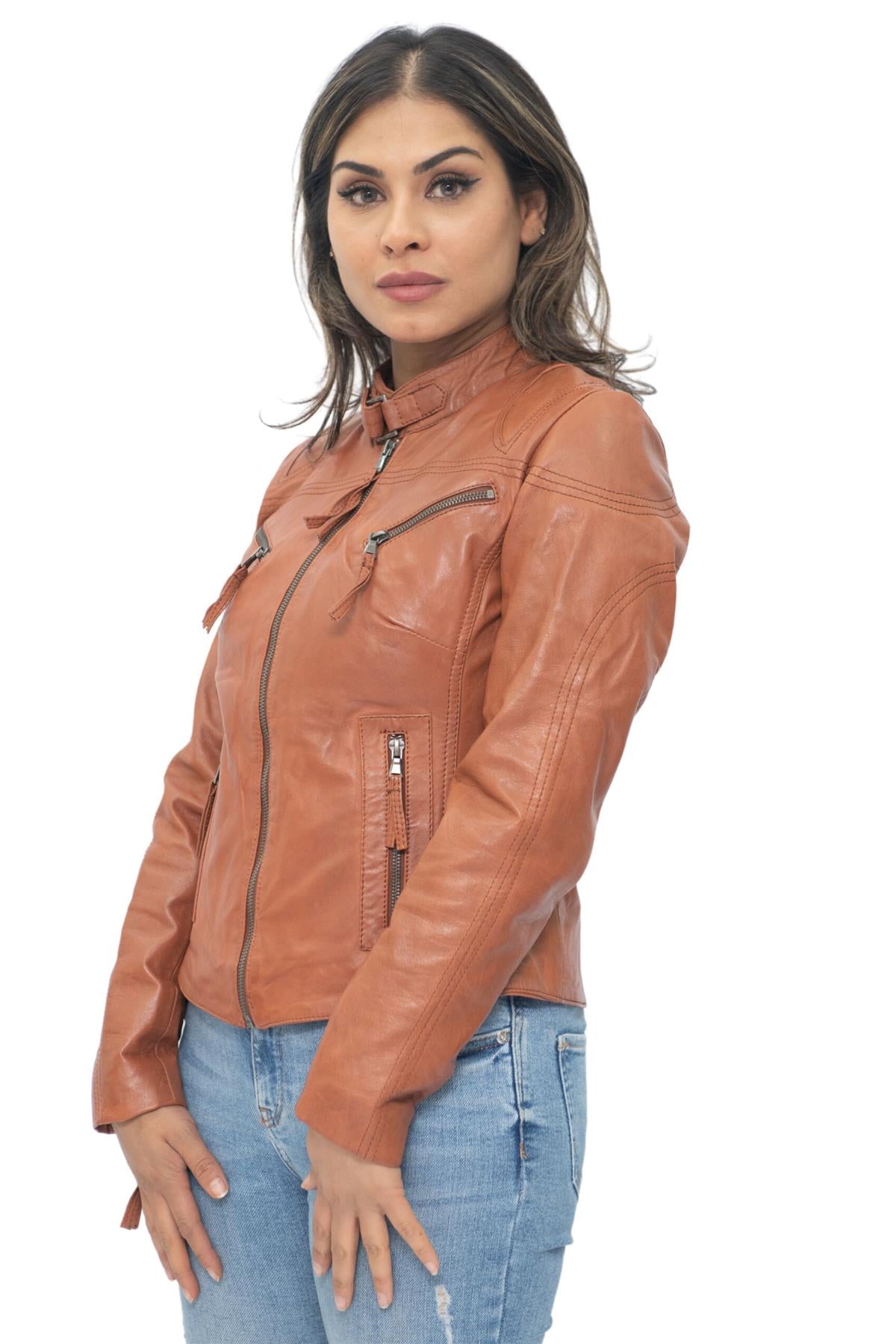 Women's Casual Slim-Fit Leather Biker Jacket-Tulsa