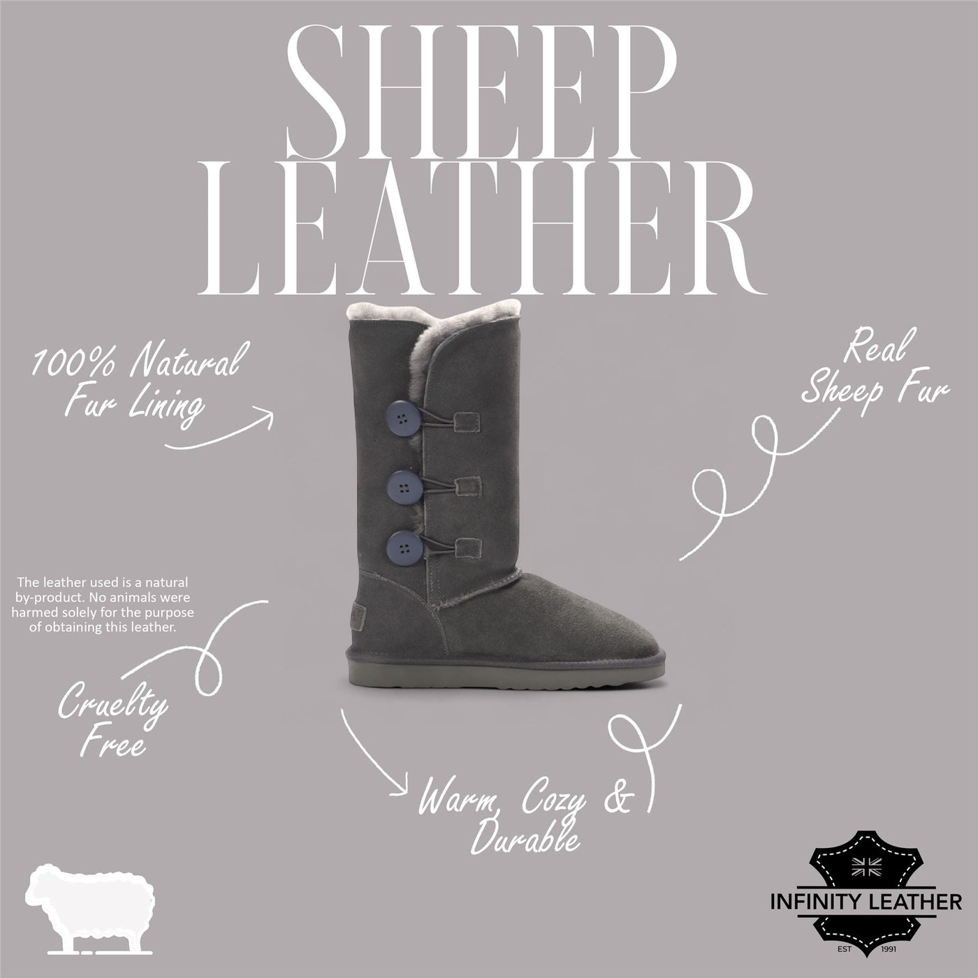 Women's Sheepskin Suede Grey Button Warm Winter Calf Boots - Willow