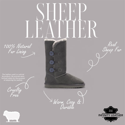 Women's Sheepskin Suede Grey Button Warm Winter Calf Boots - Willow