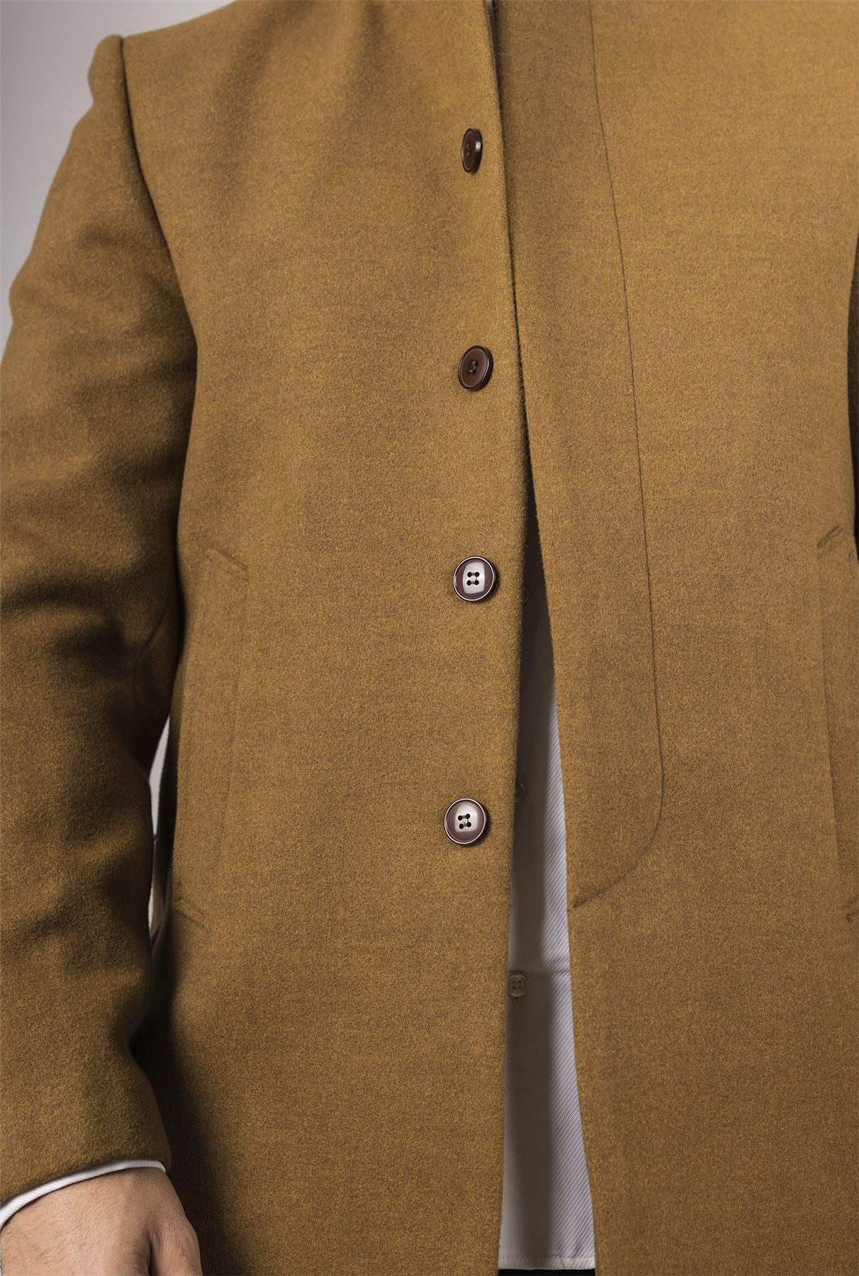 Men's Tan Stand Collar Wool Blend Overcoat
