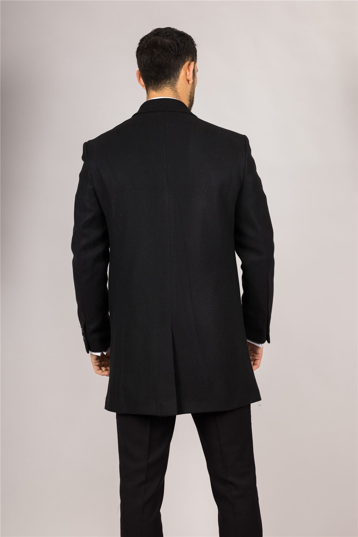 Men's Notched Lapel Collar Wool Blend Black Overcoat