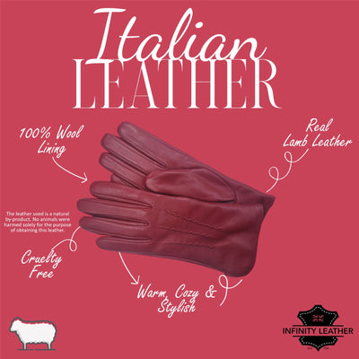 Womens Italian Leather Winter Stitch Line Design Soft Wool Lining Gloves - L-GLV-301