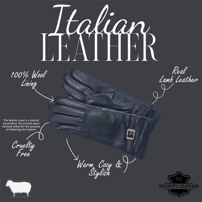 Womens Italian Leather Winter Buckle Soft Wool Lining Gloves - L-GLV-601