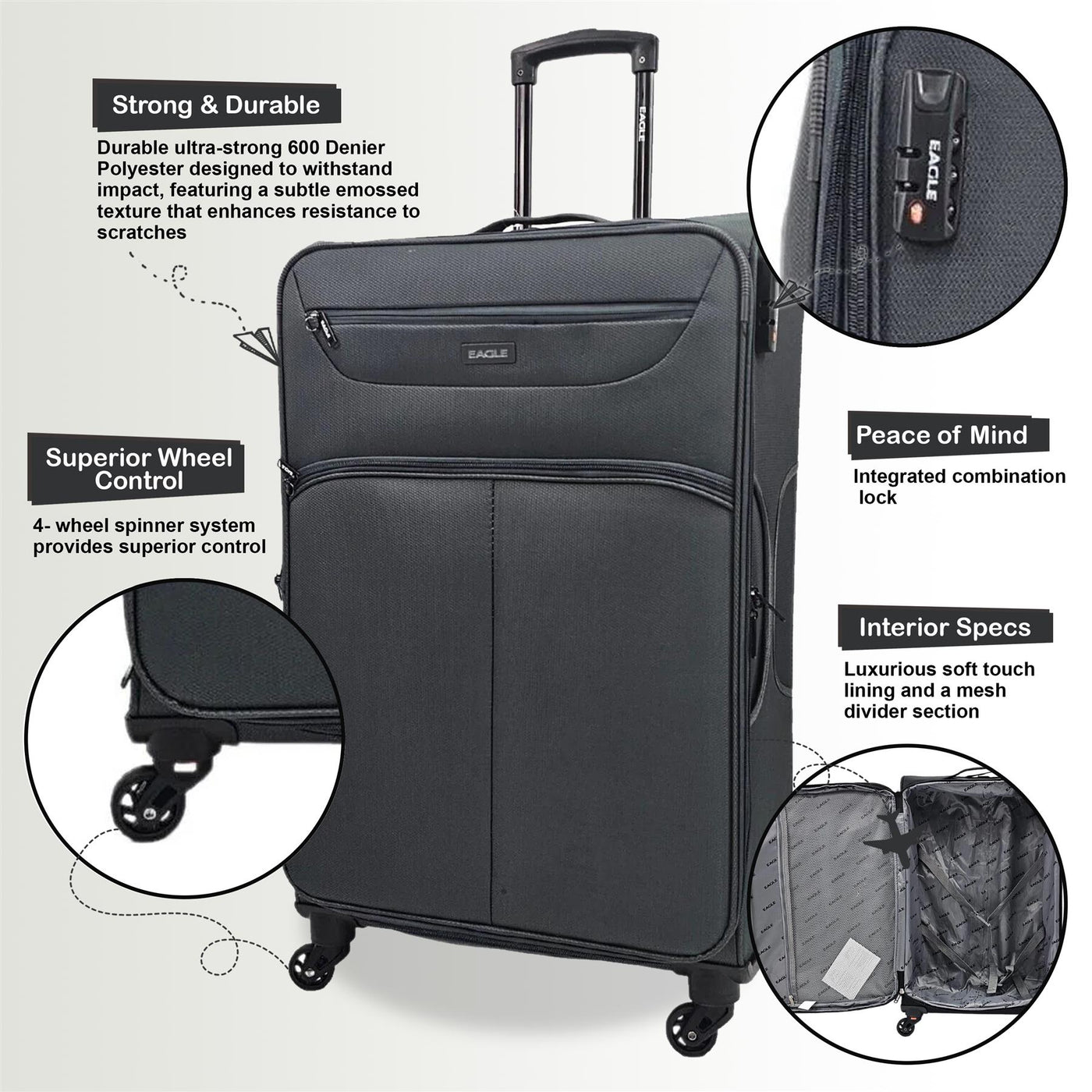 Lightweight Soft Cabin 4 Wheel Luggage Travel TSA Bag
