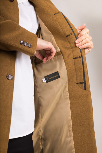 Men's Tan Stand Collar Wool Blend Overcoat