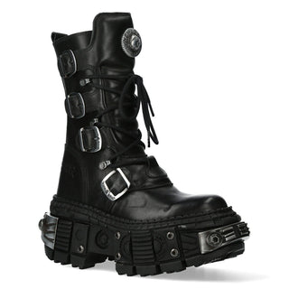 New Rock Black Mid Calf Leather Goth  Boots-WALL1473-S11