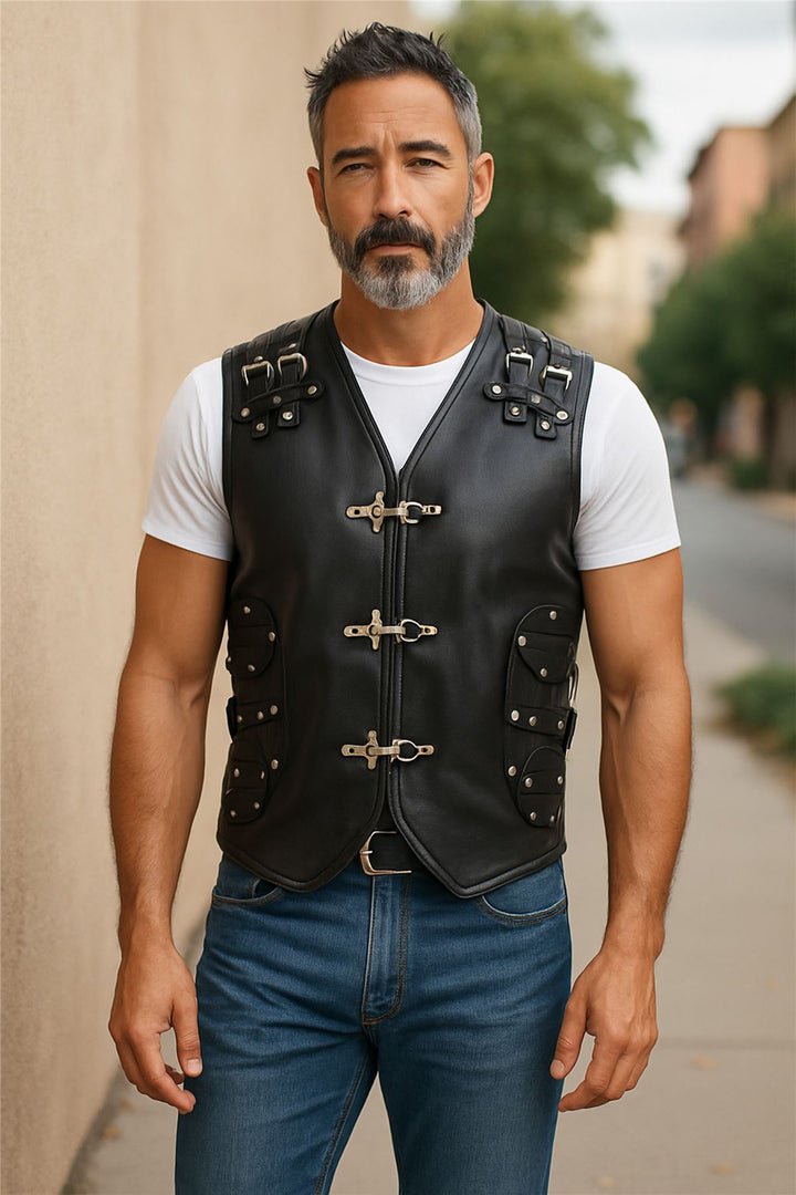 Men's Black Biker Leather Waistcoat Metal Buckles Vest