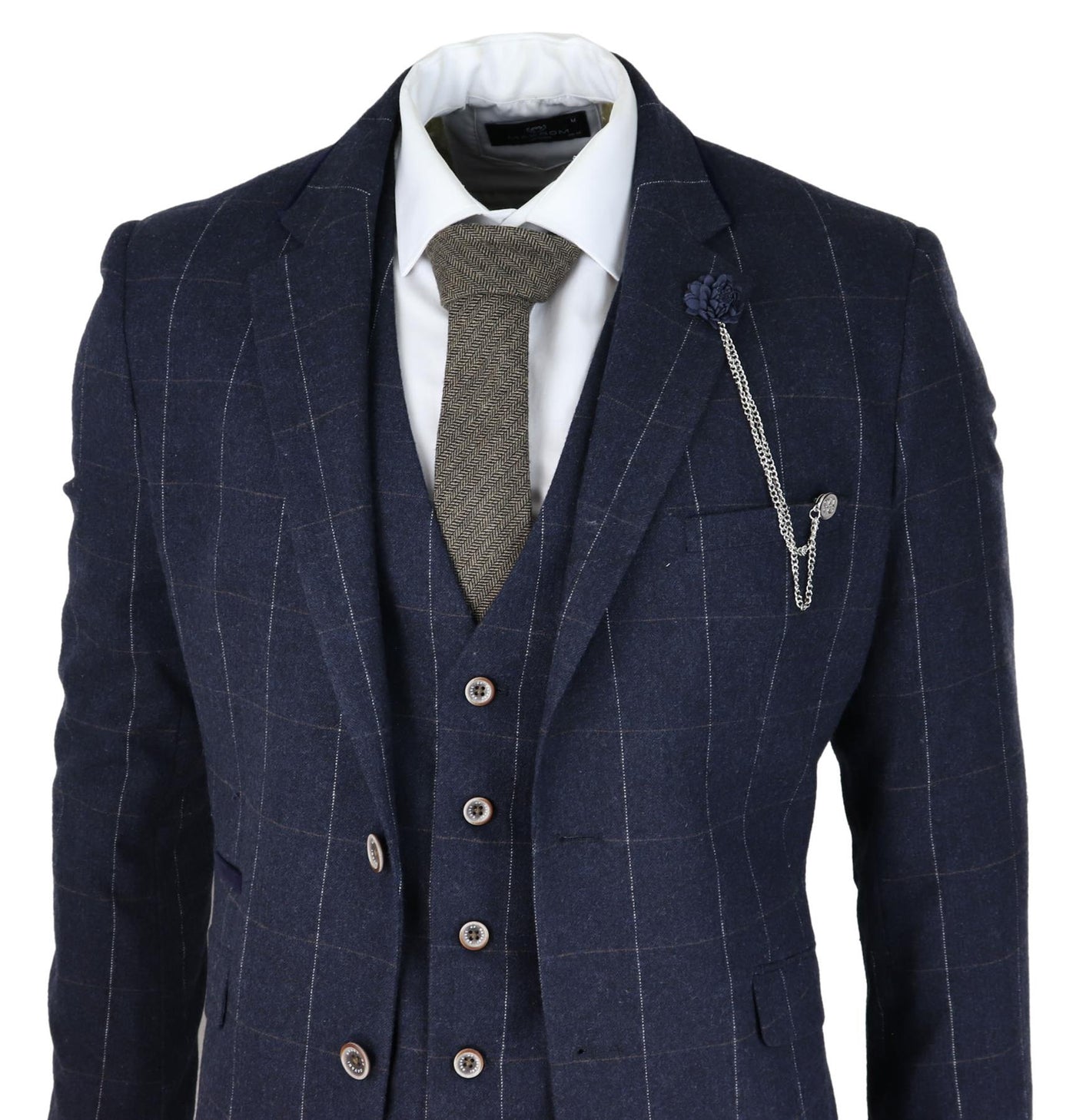 Mens 3 Piece Wool Suit Navy Blue Tweed Check Peaky Blinders 1920 Gatsby Formal