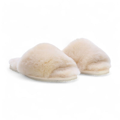 Women's Sheepskin Slippers Beige Warm Winter Fur Sliders - Nordic