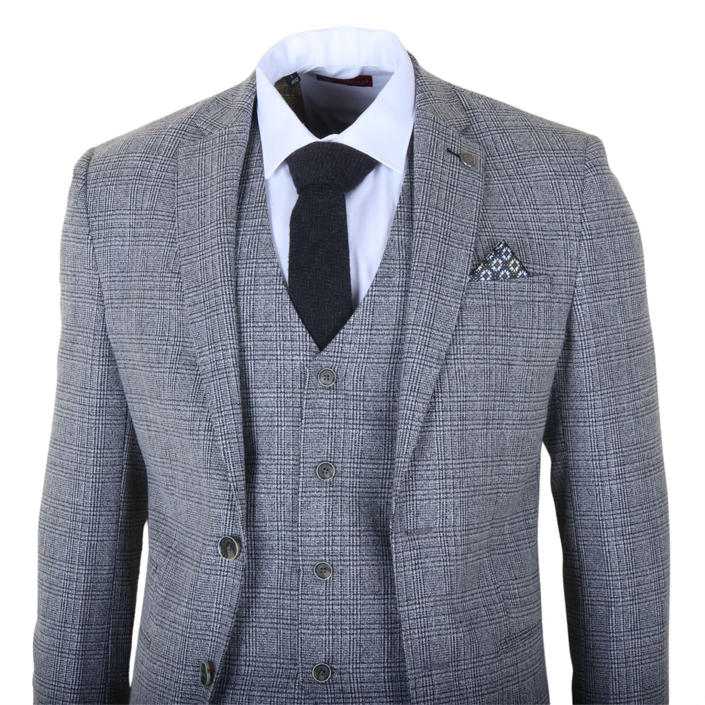 Men's 3-Piece Grey Classic Check Suit Slim Fit Plaid Formal Party Suit