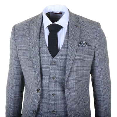 Men's 3-Piece Grey Classic Check Suit Slim Fit Plaid Formal Party Suit
