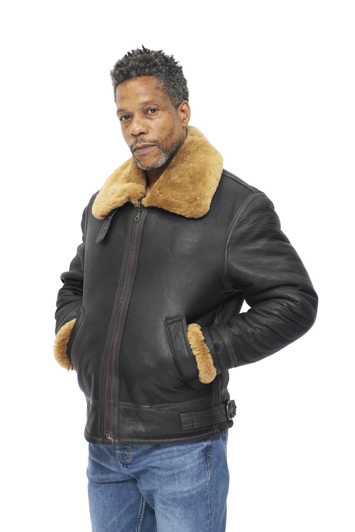 Mens B3 WW2 Leather Sheepskin Aviator Flying Jacket-Hartland