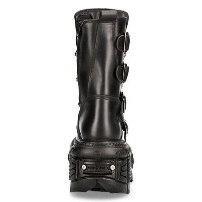 New Rock Unisex Black Leather Combat Platform Boots - TANK373-S1