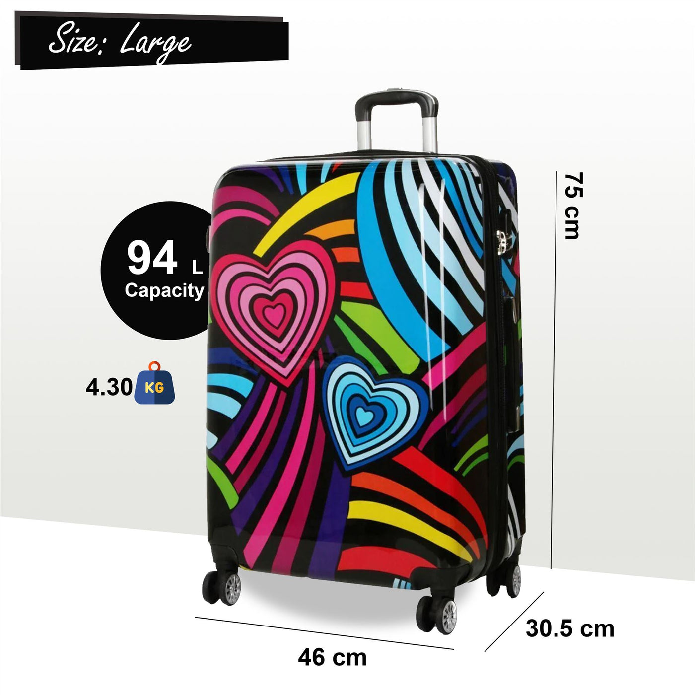 Hardside Shell Suitcase Set Hearts Print Luggage Lightweight Cabin Travel Bag