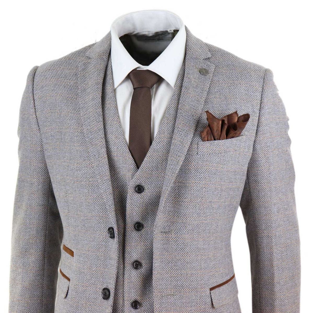 Mens 3 Piece Cream Tweed Check Vintage Retro Suit