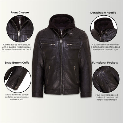 Mens Hooded Leather Biker Jacket - Stavern