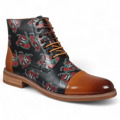 Justin Reess Men's Brown Floral Leather Oxford Ankle Boots - Adam Skull